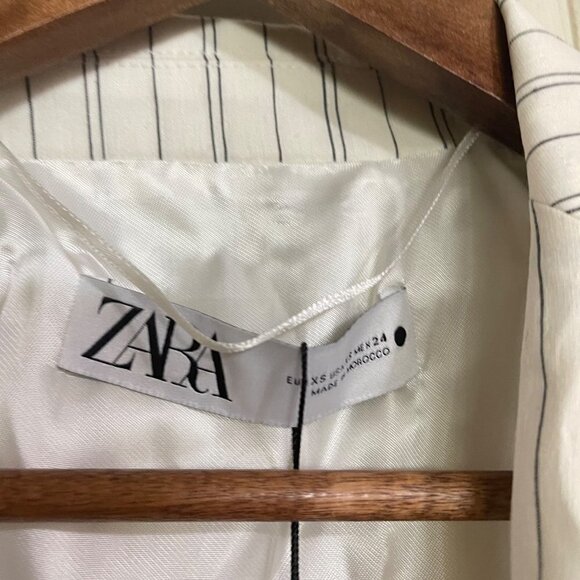 Zara Womens NWT Striped Wrap Button Cream Linen Blend Short Jacket Blazer XS - Picture 3 of 10